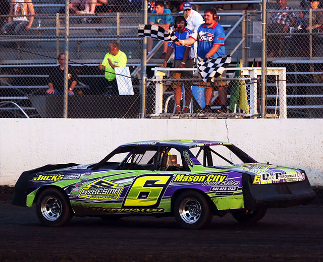 USRA Hobby Stock driver Chanse Hollatz crosses the finish line to win Wednesdays feature at the Mason City Motor Speedway.