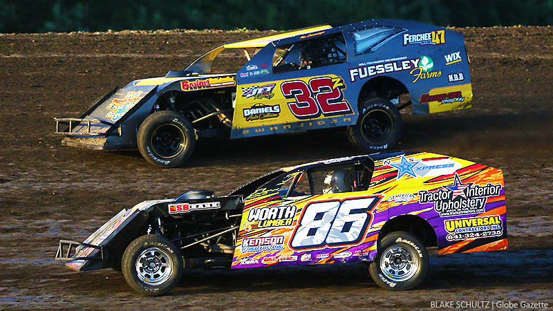Alex Zwanziger (32) works to pass Dan Tenold (86) during Sunday night's Out-Pace USRA B-Mod feature at the Mason City Motor Speedway.