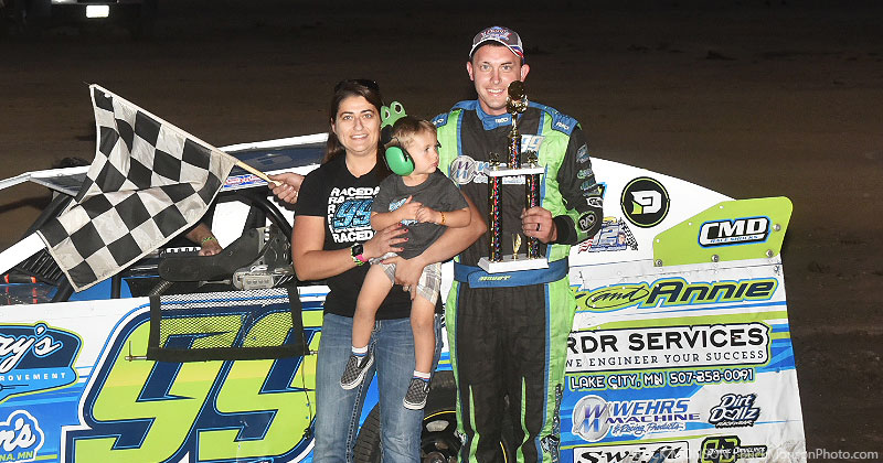 Josh Angst won the first USRA Modified main event and captured the 2020 track championship at the Mason City Motor Speedway.